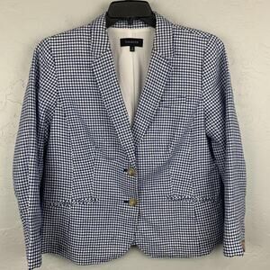 Talbots Blazer Womens 14 Blue White Gingham Check Linen Cotton Two Button Lined